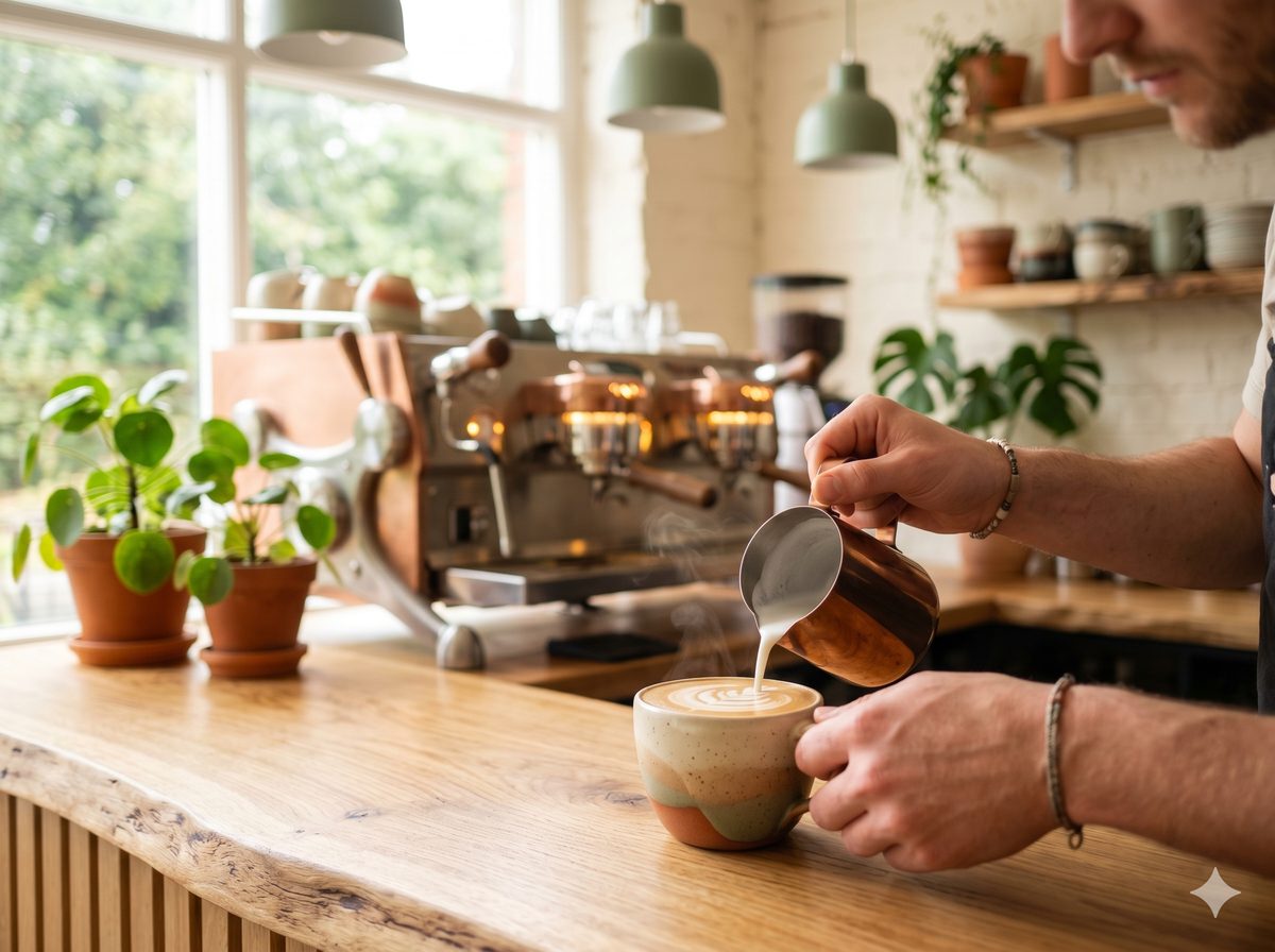 A barista pouring latte art at Birdie Espresso