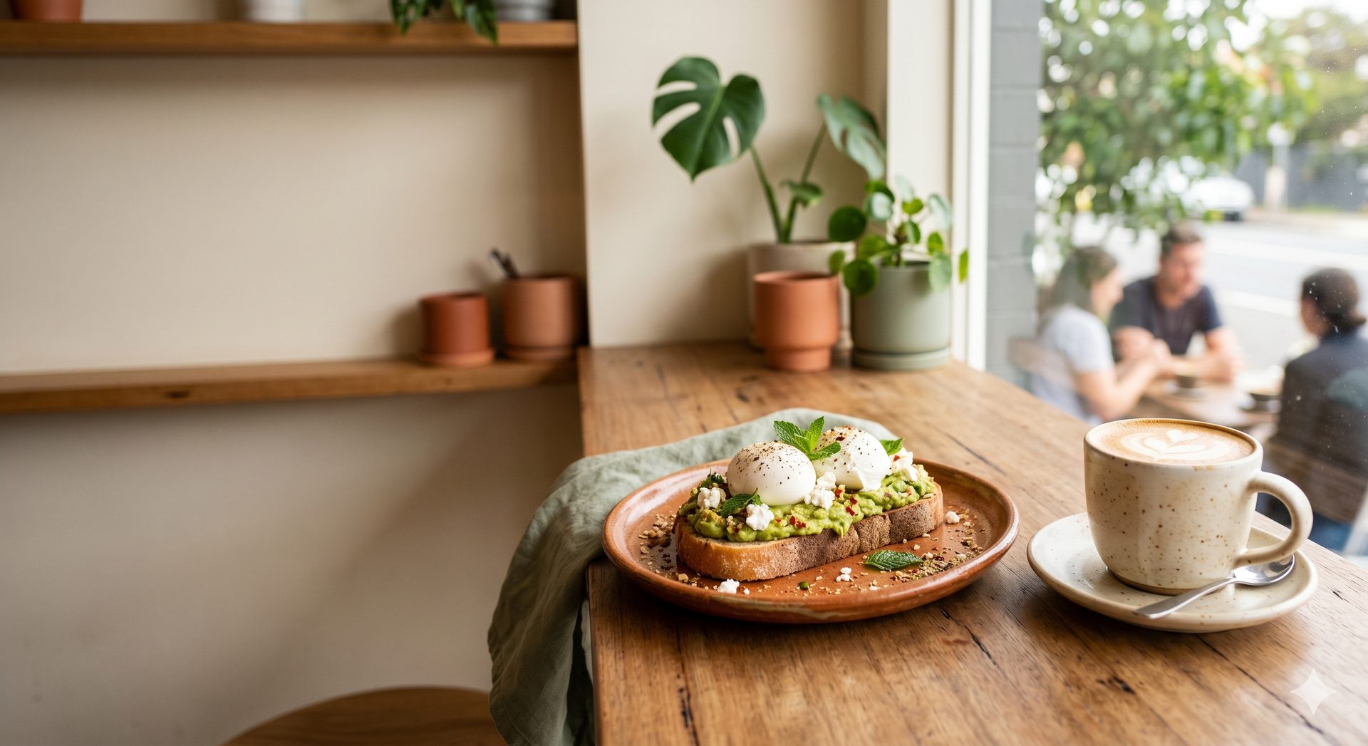 Smashed avocado on sourdough and a flat white at Birdie Espresso